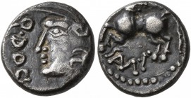 CELTIC, Central Gaul. Sequani. Mid 1st century BC. Quinarius (Silver, 12 mm, 1.82 g, 6 h), Q. Doci and Sam. F. (?). Q•DOC[I•] Celticized head of Roma ...
