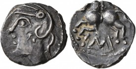 CELTIC, Central Gaul. Sequani. Mid 1st century BC. Quinarius (Silver, 14 mm, 1.88 g, 11 h), Q. Doci and Sam. F.. [Q•DOCI•] Celticized head of Roma to ...