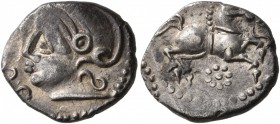 CELTIC, Central Gaul. Uncertain tribe. Mid 1st century BC. Quinarius (Silver, 14 mm, 1.64 g, 6 h), Santonos. [SANTON]OS Helmeted head to left. Rev. Ho...