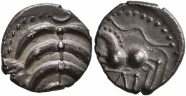 CELTIC, Central Europe. Helvetii. Mid 1st century BC. Quinarius (Silver, 13 mm, 1.57 g), 'Büschelquinar'. Palmette made from eight curved leaves conne...