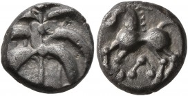 CELTIC, Central Europe. Helvetii. Mid 1st century BC. Quinarius (Silver, 11 mm, 1.74 g), 'Büschelquinar'. Palmette made from six curved leaves connect...