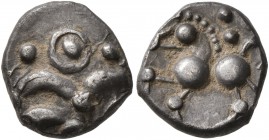 CELTIC, Central Europe. Helvetii. Mid 1st century BC. Quinarius (Silver, 12 mm, 1.76 g), 'Büschelquinar'. Head devolved into a bush. Rev. Celticized h...