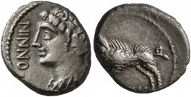 CELTIC, Central Europe. Rauraci. Circa 50-30 BC. Quinarius (Silver, 12 mm, 1.64 g, 9 h). NINNO Draped bust of youthful male to left, with wing in his ...