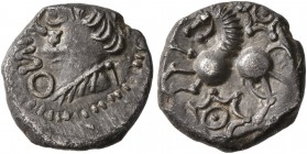 CELTIC, Central Europe. Rauraci. Circa 50-30 BC. Quinarius (Silver, 12 mm, 1.65 g, 10 h). [NI]NNO (retrograde) Draped bust of youthful male to left, w...