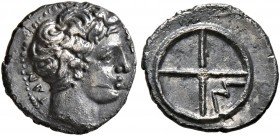 GAUL. Massalia. Circa 410-380 BC. Obol (Silver, 10 mm, 0.59 g). MAΣΣAΛIΩ-TAN Bare head of Apollo to right. Rev. Wheel of four spokes; M in one quarter...