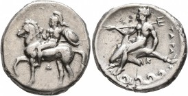 CALABRIA. Tarentum. Circa 344-340 BC. Didrachm or Nomos (Silver, 21 mm, 7.57 g, 2 h). Nude, helmeted rider on horseback left, holding spear and shield...