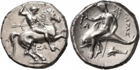 CALABRIA. Tarentum. Circa 315-302 BC. Didrachm or Nomos (Silver, 21 mm, 7.91 g, 9 h), Sa..., magistrate. Nude rider on horse galloping to right, stabb...