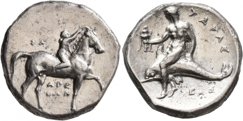 CALABRIA. Tarentum. Circa 302-280 BC. Didrachm or Nomos (Silver, 21 mm, 7.66 g, ...