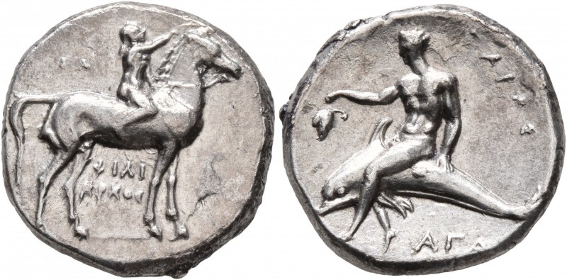 CALABRIA. Tarentum. Circa 302-280 BC. Didrachm or Nomos (Silver, 21 mm, 7.82 g, ...