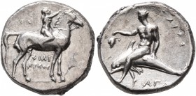 CALABRIA. Tarentum. Circa 302-280 BC. Didrachm or Nomos (Silver, 21 mm, 7.82 g, 9 h), Sa..., Philiarchos and Aga..., magistrates. ΣA - ΦΙΛΙ/APXOΣ Nude...