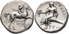 CALABRIA. Tarentum. Circa 302-280 BC. Didrachm or Nomos (Silver, 20 mm, 7.69 g, 7 h), Ago..., Kratinos and Xop..., magistrates. AΓΩ - KPAT/INOΣ Nude y...