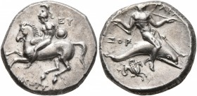 CALABRIA. Tarentum. Circa 280 BC. Didrachm or Nomos (Silver, 19 mm, 7.94 g, 3 h), Eu..., Nikottas and Ly..., magistrates. EY / NIKΩTTAΣ Nude, helmeted...
