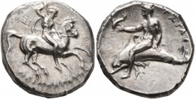 CALABRIA. Tarentum. Circa 280-272 BC. Didrachm or Nomos (Silver, 22 mm, 7.80 g, 9 h), Deinokrates and Si..., magistrates. ΣI / ΔEINOKPATHΣ Nude rider ...