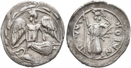 SICILY. Kamarina. Circa 461-440/35 BC. Litra (Silver, 13 mm, 0.58 g, 12 h). Nike flying left; below, swan standing left; all within wreath. Rev. KAMAP...