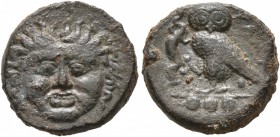 SICILY. Kamarina. Circa 420-405 BC. Tetras (Bronze, 15 mm, 3.54 g, 7 h). Facing gorgoneion. Rev. KAMA Owl standing left, head facing, holding lizard i...