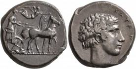 SICILY. Katane. Circa 450-405 BC. Tetradrachm (Silver, 24 mm, 16.56 g, 4 h). Charioteer driving quadriga walking to right, holding the reins in both h...