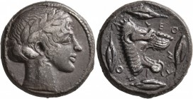 SICILY. Leontini. Circa 450-440 BC. Tetradrachm (Silver, 24 mm, 16.70 g, 1 h). Laureate head of Apollo to right. Rev. ΛEO-NT-INO-N Head of a lion with...
