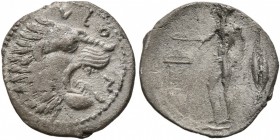 SICILY. Leontini. Circa 450-440 BC. Litra (Silver, 13 mm, 0.82 g, 9 h). ΛEO-N (retrograde) Head of a roaring lion to right. Rev. Apollo, nude, standin...