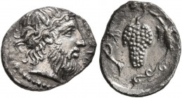SICILY. Naxos. Circa 430-420 BC. Litra (Silver, 7 mm, 0.84 g, 11 h). Head of bearded Dionysos to right, wearing ivy wreath. Rev. Bunch of grapes on vi...