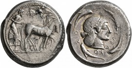 SICILY. Syracuse. Deinomenid Tyranny , 485-466 BC. Tetradrachm (Silver, 24 mm, 17.41 g, 5 h), circa 475-470. Charioteer driving quadriga walking to ri...