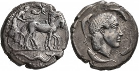 SICILY. Syracuse. Second Democracy , 466-405 BC. Tetradrachm (Silver, 25 mm, 16.55 g, 11 h), circa 460-440. Charioteer driving quadriga walking to rig...