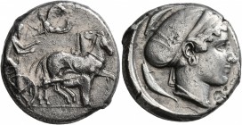 SICILY. Syracuse. Second Democracy , 466-405 BC. Tetradrachm (Silver, 24 mm, 16.54 g, 11 h), circa 430. Charioteer driving quadriga walking to right, ...