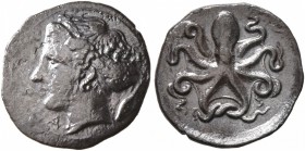 SICILY. Syracuse. Second Democracy , 466-405 BC. Litra (Silver, 12 mm, 0.81 g, 3 h), obverse die signed by Eu..., circa 415-405. [ΣYP]A Head of Arethu...