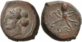 SICILY. Syracuse. Dionysios I , 405-367 BC. Hexas (Bronze, 14 mm, 2.64 g, 2 h), circa 400. Head of Arethusa to left, hair in sphendone; behind, star. ...