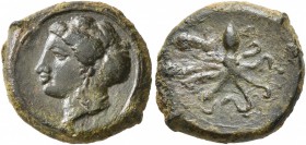 SICILY. Syracuse. Dionysios I , 405-367 BC. Tetras (Bronze, 14 mm, 2.57 g, 7 h), circa 400. Head of Arethusa to left, hair in sphendone. Rev. Octopus....