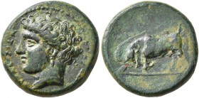 SICILY. Syracuse. Agathokles , 317-289 BC. AE (Bronze, 16 mm, 4.01 g, 6 h). ΣYPAKOΣIΩN Head of Arethusa to left, wearing pendant earring. Rev. Bull bu...