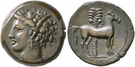 CARTHAGE. Circa 400-350 BC. AE (Bronze, 15 mm, 3.34 g, 5 h). Head of Tanit to left, wearing wreath of grain ears. Rev. Horse standing right; palm tree...