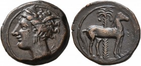 CARTHAGE. Circa 400-350 BC. AE (Bronze, 17 mm, 2.96 g, 6 h). Head of Tanit to left, wearing wreath of grain ears. Rev. Horse standing right; palm tree...