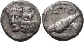 MOESIA. Istros. Circa mid to late 5th century BC. Drachm (Silver, 17 mm, 6.86 g, 8 h). Two facing male heads side by side, one upright and the other i...