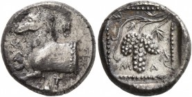 THRACE. Maroneia. Circa 377-365 BC. Tetrobol (Silver, 14 mm, 2.95 g, 9 h), Met..., magistrate. M-H-T Forepart of horse to left. Rev. M-A Grape bunch a...