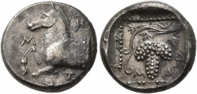 THRACE. Maroneia. Circa 377-365 BC. Tetrobol (Silver, 13 mm, 2.78 g, 6 h), Met..., magistrate. M-H-T Forepart of horse to left. Rev. M-A Grape bunch a...