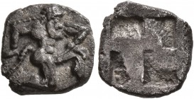 ISLANDS OFF THRACE, Thasos. Circa 500-480 BC. Diobol (Silver, 10 mm, 0.98 g). Satyr running right in kneeling stance. Rev. Quadripartite incuse square...