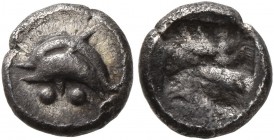 ISLANDS OFF THRACE, Thasos. Circa 463-449 BC. Obol (Silver, 8 mm, 0.55 g). Two dolphins swimming left; below, two pellets. Rev. Quadripartite incuse s...