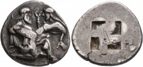 ISLANDS OFF THRACE, Thasos. Circa 463-449 BC. Stater (Silver, 22 mm, 8.86 g). Nude ithyphallic Satyr, with long beard and long hair, moving right in '...