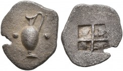THRACO-MACEDONIAN REGION. Uncertain. 5th century BC. Hemiobol (Silver, 10 mm, 0.44 g). Oinochoe between two pellets. Rev. Quadripartite incuse square....