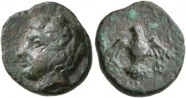 MACEDON. Aphytis. Circa 400-350 BC. Chalkous (Bronze, 12 mm, 1.41 g, 1 h). Head of horned Apollo Karneios to left. Rev. [Α] - Φ Eagle with open wings ...