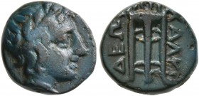 MACEDON, Chalkidian League. Circa 432-348 BC. AE (Bronze, 11 mm, 1.75 g, 4 h), Olynthos. Laureate head of Apollo to right. Rev. ΧΑΛΚΙ/ΔΕΩΝ Tripod. BMC...