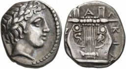 MACEDON, Chalkidian League. Circa 383/3 BC. Tetrobol (Silver, 15 mm, 2.36 g, 6 h), Olynthos. Laureate head of Apollo to right. Rev. XAΛKIΔ[EΩ]N Kithar...