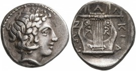 MACEDON, Chalkidian League. Circa 383/2 BC. Tetrobol (Silver, 15 mm, 2.35 g, 3 h), Olynthos. Laureate head of Apollo to right. Rev. [X]AΛKIΔEΩN Kithar...