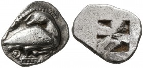 MACEDON. Eion. Circa 470-460 BC. Trihemiobol (Silver, 11 mm, 0.79 g). Goose standing right, head left, on decorated base; above, lizard left; Θ to low...
