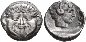 MACEDON. Neapolis. Circa 424-350 BC. Hemidrachm (Silver, 12 mm, 1.69 g, 1 h). Facing gorgoneion with protruding tongue. Rev. [N]EOΠ Head of the nymph ...