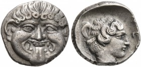 MACEDON. Neapolis. Circa 424-350 BC. Hemidrachm (Silver, 11 mm, 1.74 g, 1 h). Facing gorgoneion with protruding tongue. Rev. NEO[Π] Head of the nymph ...