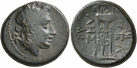 MACEDON. Pella. Circa 187-168/7 BC. Tetrachalkon (Bronze, 23 mm, 11.06 g, 11 h). Laurate head of Apollo to right. Rev. ΠΕΛ-ΛΗΣ Tripod; monograms to le...