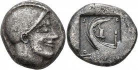 MACEDON. Skione. Circa 480-470 BC. Tetradrachm (Silver, 24 mm, 15.92 g, 3 h). Head of Protesilaos to right, wearing crested Attic helmet. Rev. Σ-K-[I]...
