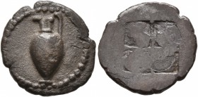 MACEDON. Terone. Circa 490-480 BC. Tetrobol (Silver, 15 mm, 2.42 g). Oinochoe, single grape cluster hanging against body. Rev. Quadripartite incuse sq...