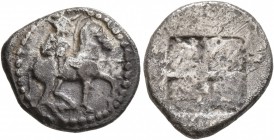 KINGS OF MACEDON. Alexander I, 498-454 BC. Tetrobol (Silver, 16 mm, 2.24 g). Horseman to right, wearing chlamys and petasos and holding two spears. Re...